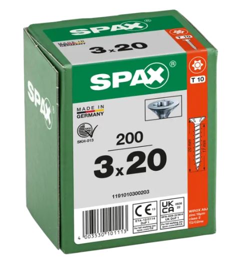 SPAX Universalschraube, 3 x 20 mm, Vollgewinde, Senkkopf, T10, S-Spitze, WIROX - 1191010300203
