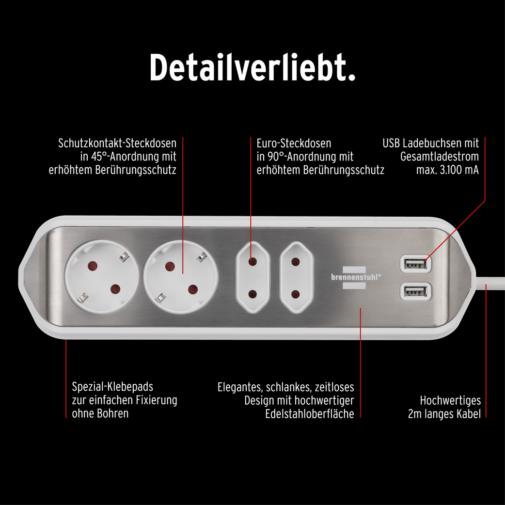 brennenstuhl®estilo Ecksteckdosenleiste 4-fach, silber/weiß