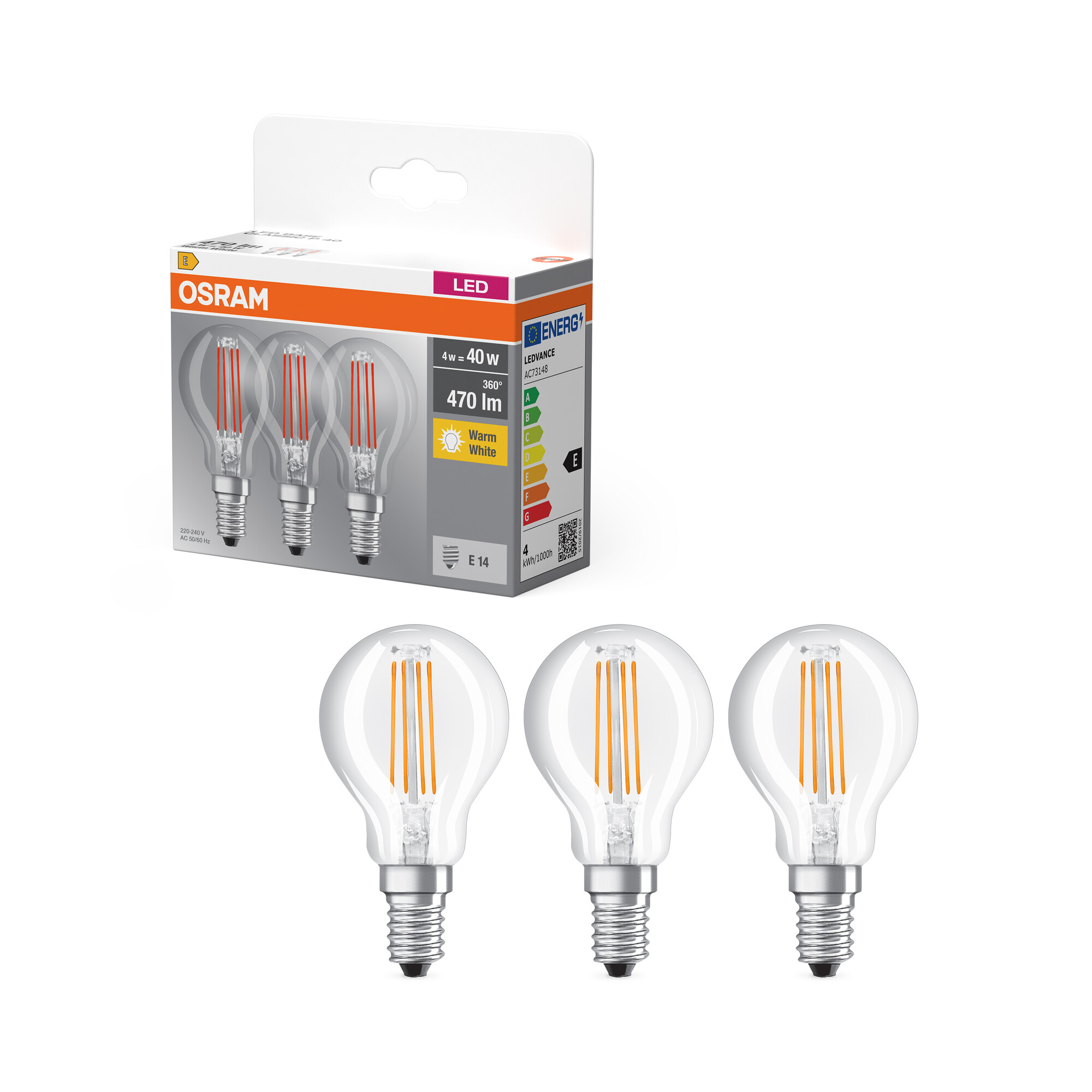 Osram LED Base Classic Lampe, warmweiß, E14, 3er Pack