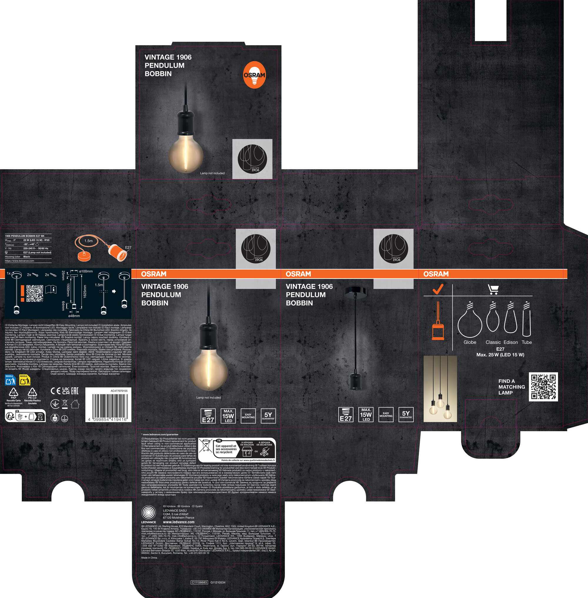 Osram Vintage 1906 Pendelleuchte Bobbin, E27, schwarz