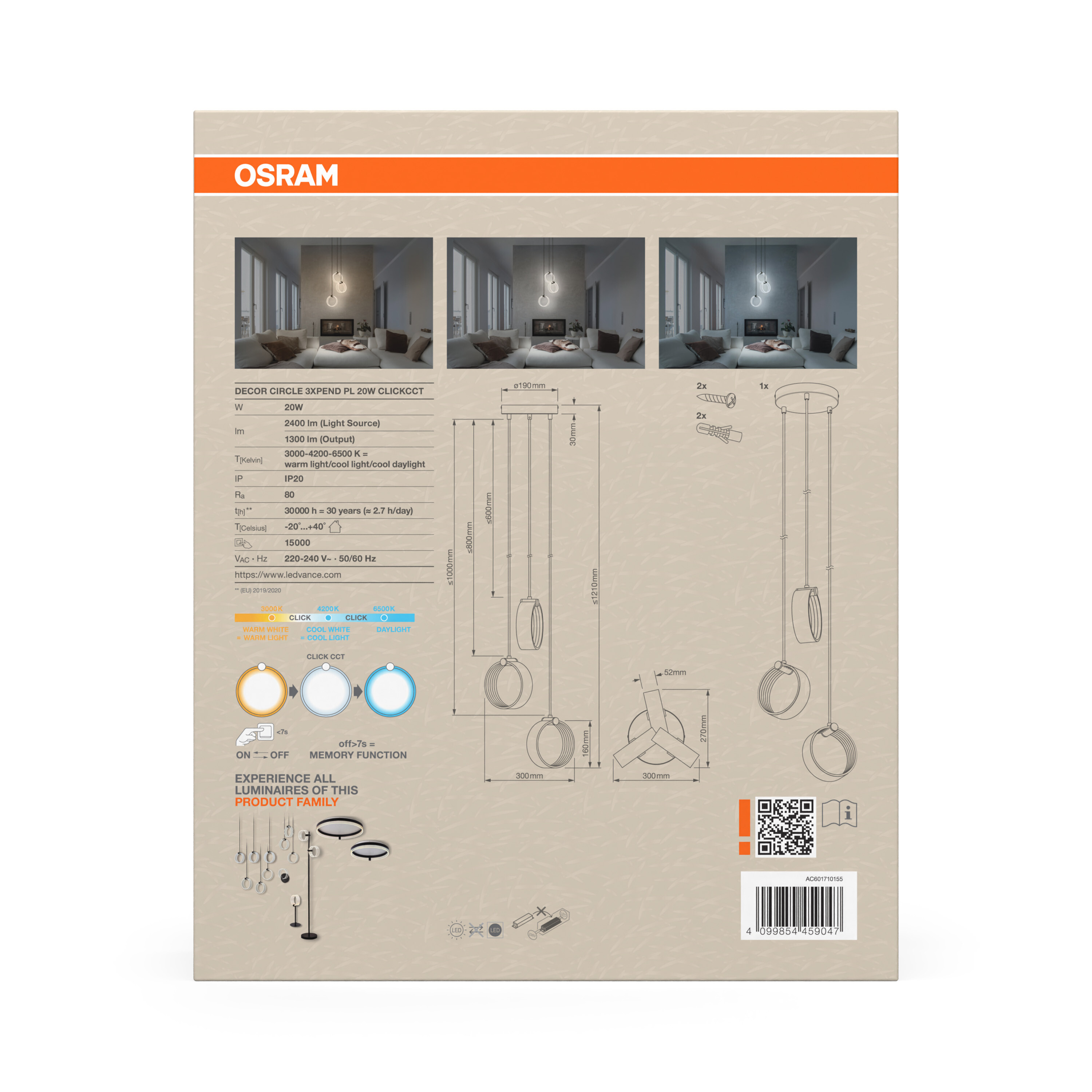 Osram Decor Runde Pendelleuchte, 3 Pendel, 20W, CCT, schwarz
