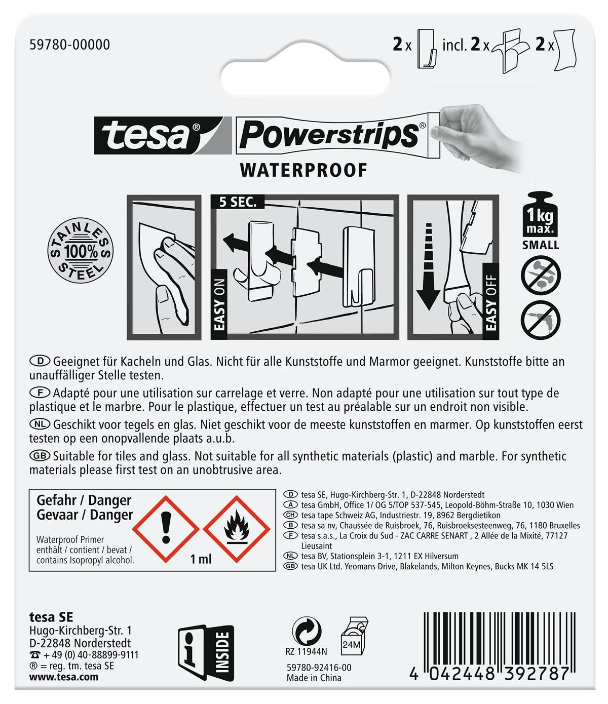 tesa Powerstrips Selbstklebeneder Haken Waterproof Small, Metall
