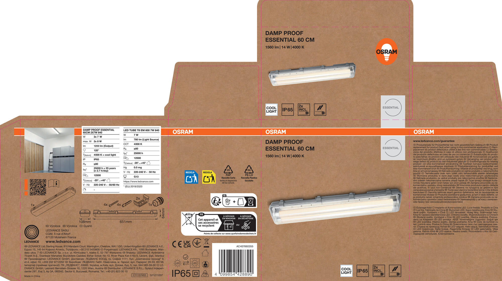 Osram Feuchtraumlampe Essential, 60 cm, 2X7W