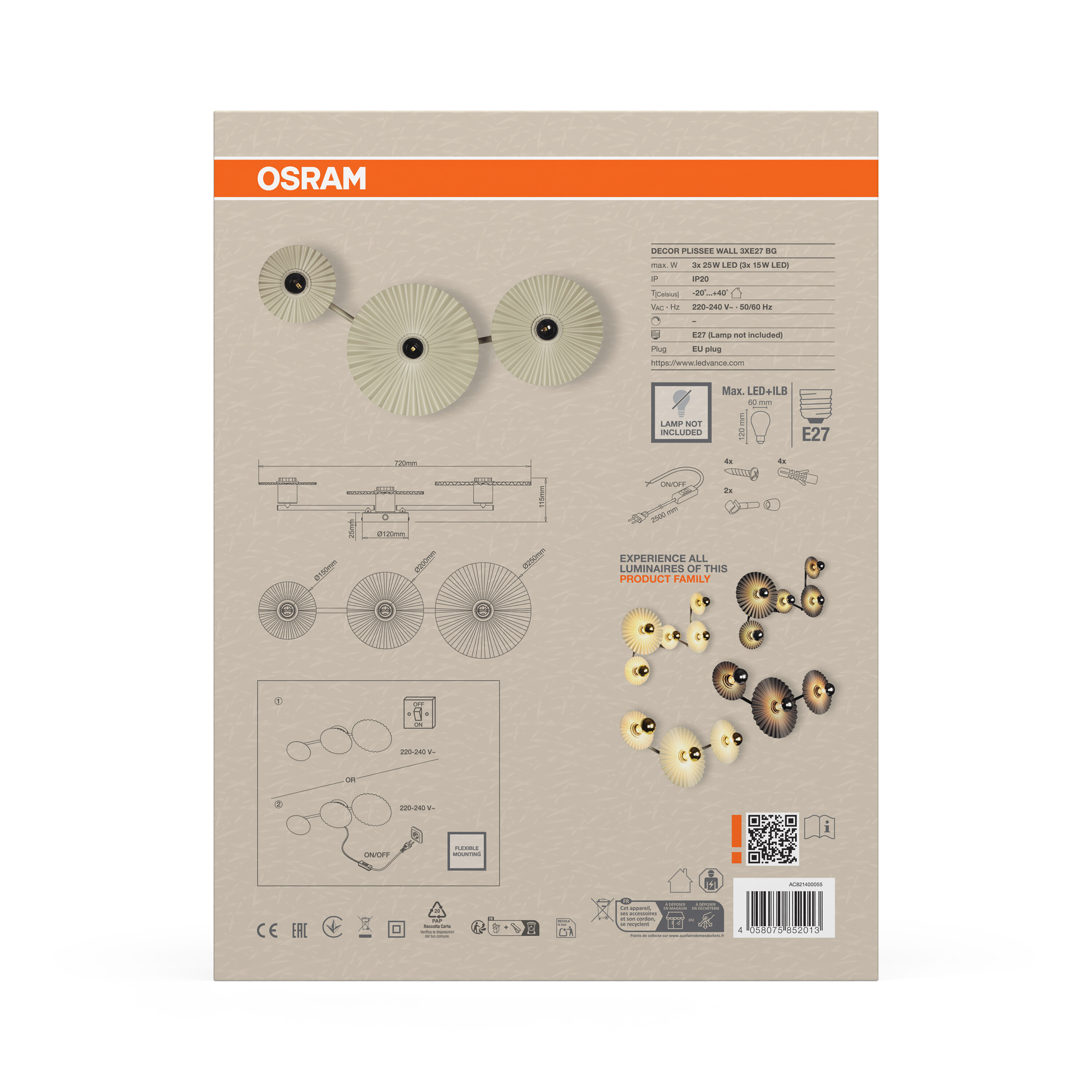 Osram DECOR Plissee Wall, 3XE27, beige