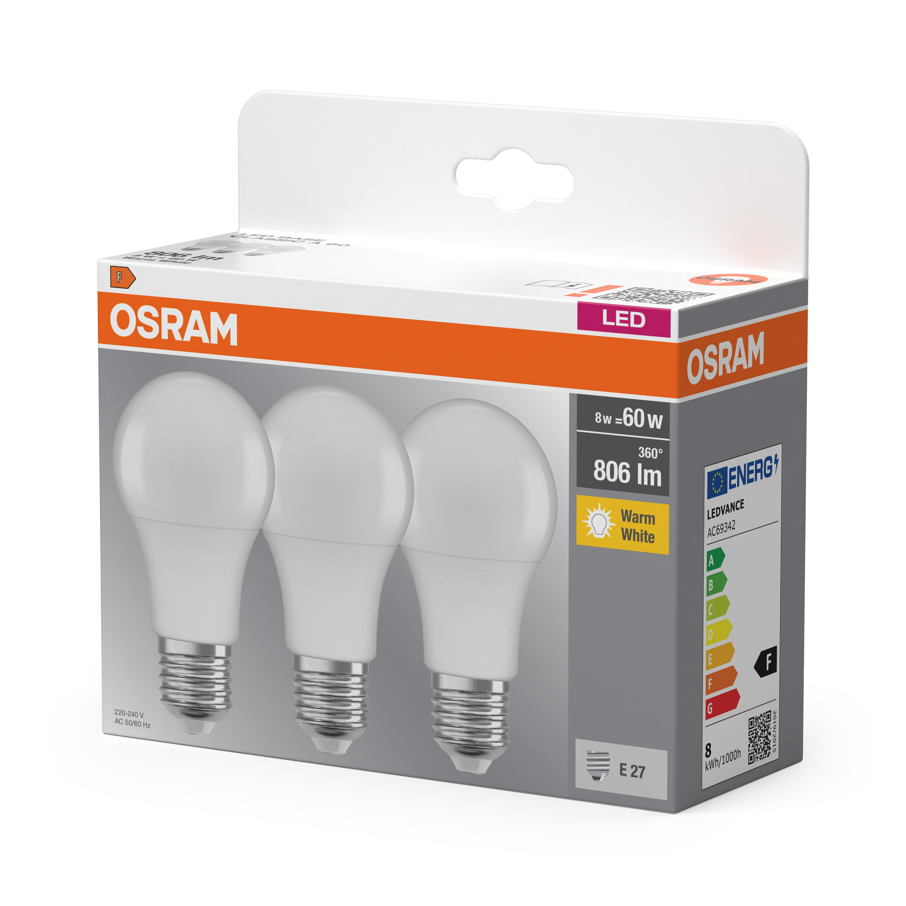 Osram LED Lampe Base Classic A60, E27, Warmweiß