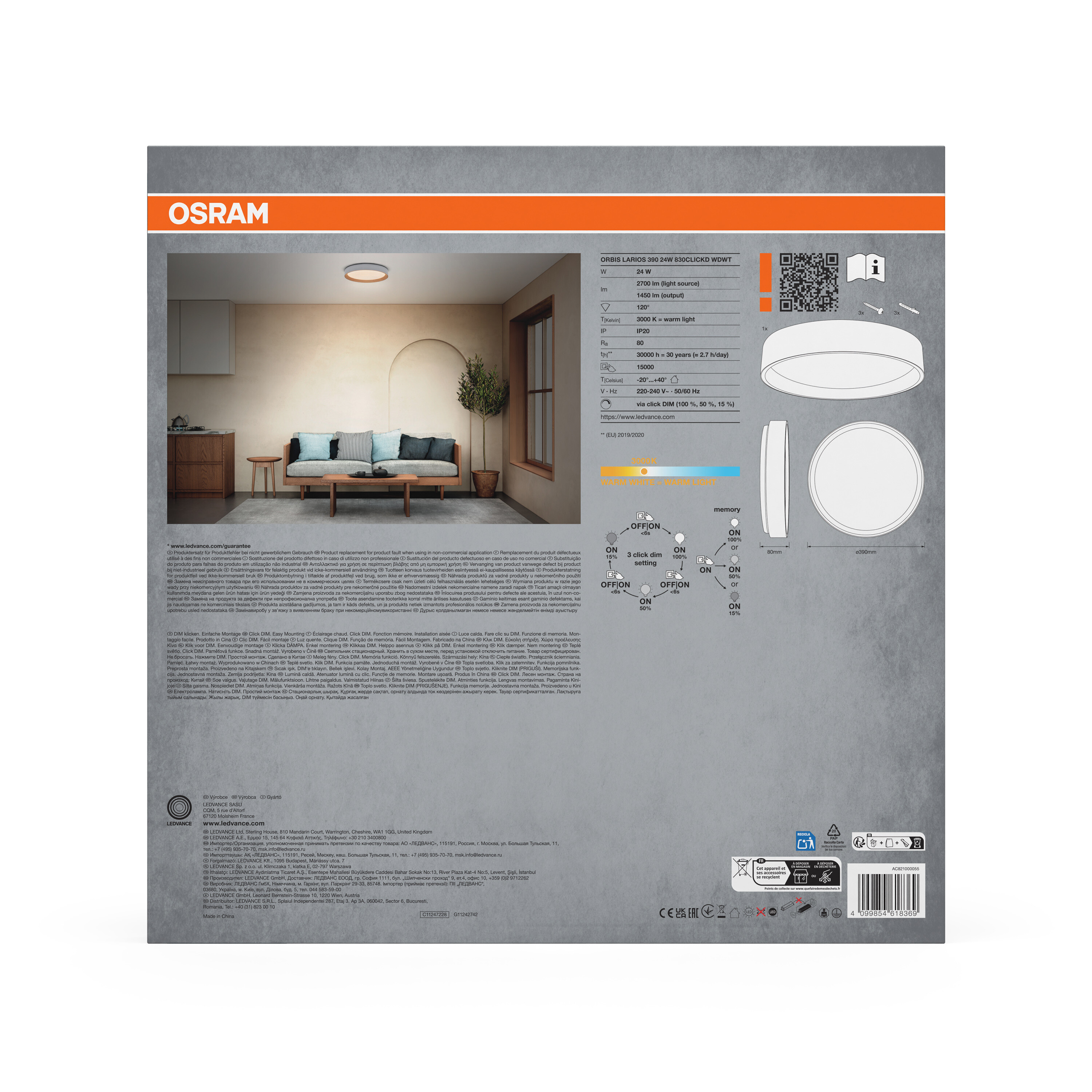 Osram Led Deckenleuchte "Orbis Larios", 390 mm, 24W, 830, Holzdekor/weiß