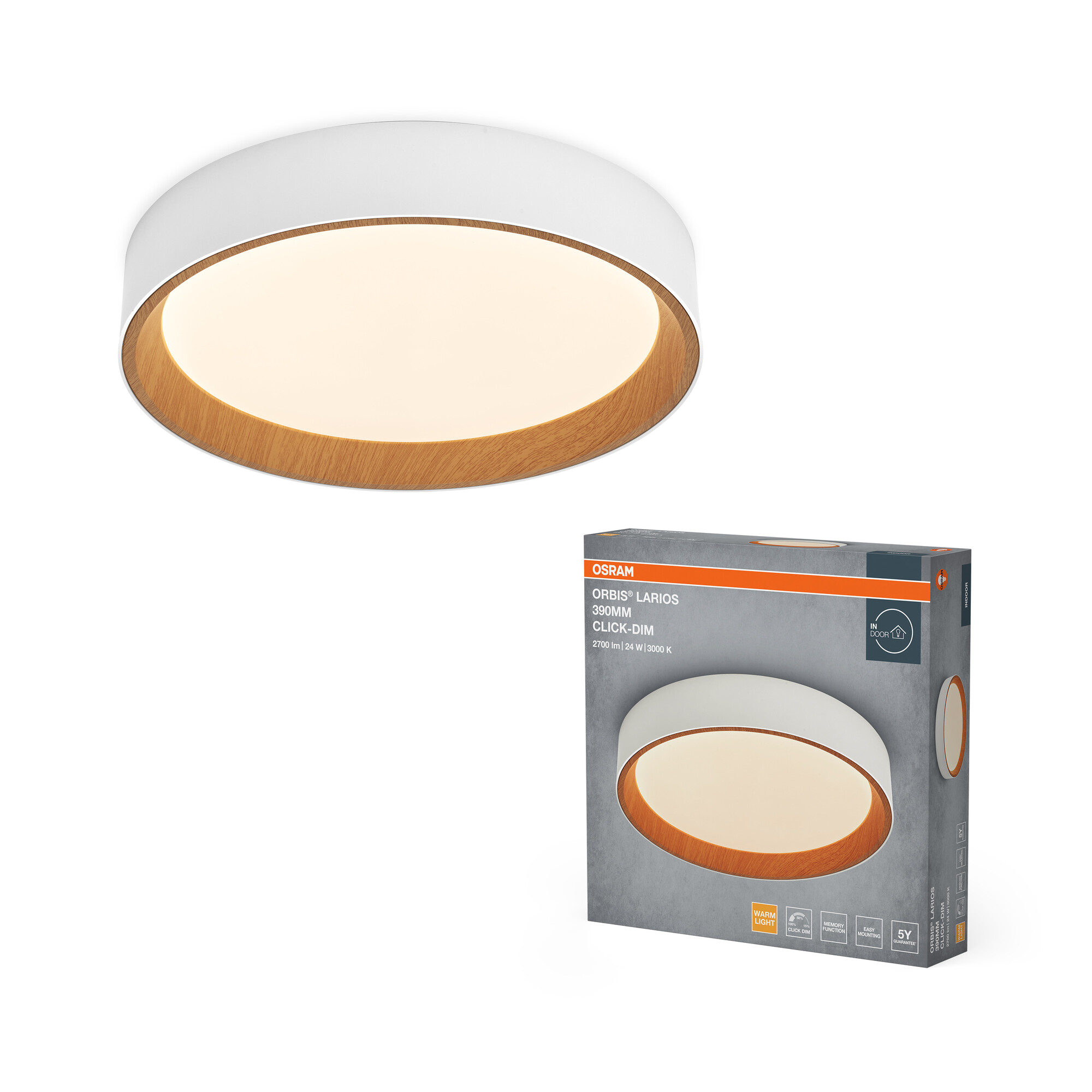 Osram Led Deckenleuchte "Orbis Larios", 390 mm, 24W, 830, Holzdekor/weiß
