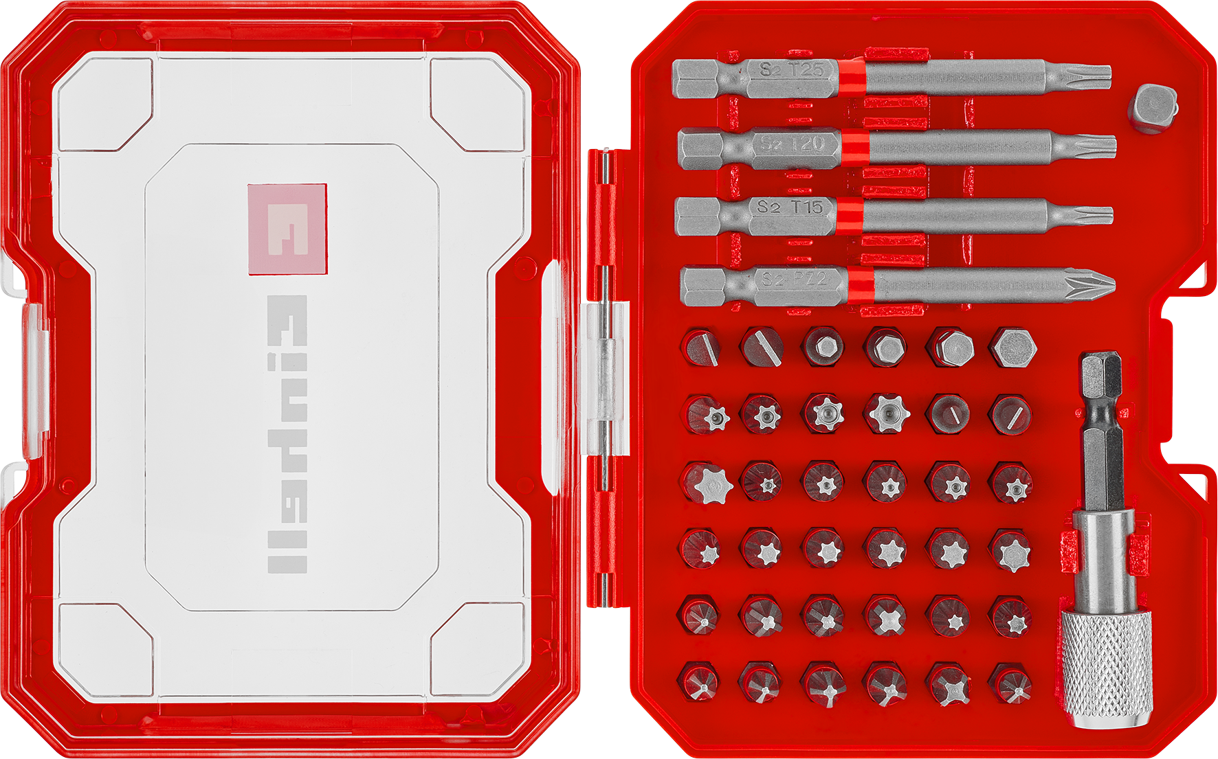 Einhell Bit-Box aus S2-Stahl mit Gürtelclip, 42-tlg. Einhell Bit-Box aus S2-Stahl mit Gürtelclip, 42-tlg.