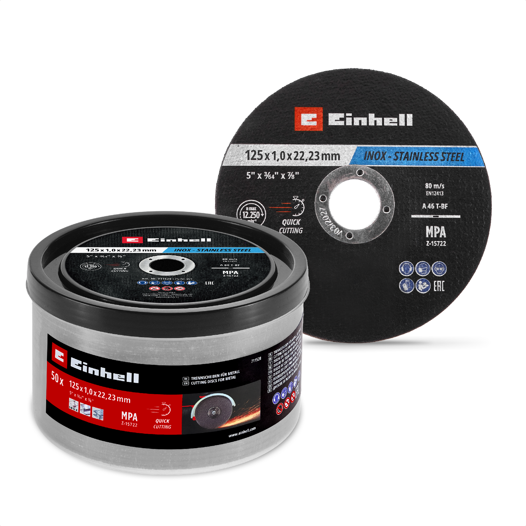 Einhell Inox-Gewebetrennscheiben-Set für Metall, gerade, extra du?nn, in Dose, 50-tlg., Ø 125 x 1 mm Einhell Inox-Gewebetrennscheiben-Set für Metall, gerade, extra du?nn, in Dose, 50-tlg., Ø 125 x 1 mm