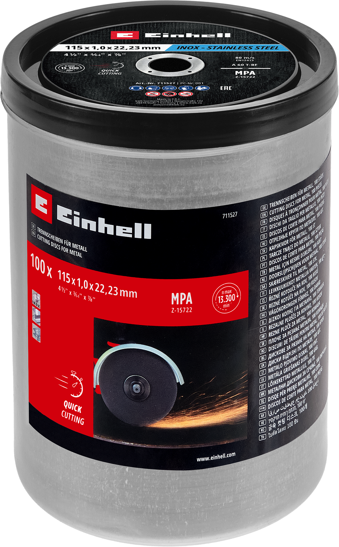 Einhell Inox-Gewebetrennscheiben-Set für Metall, gerade, extra du?nn, in Dose, 100-tlg., Ø 115 x 1 mm Einhell Inox-Gewebetrennscheiben-Set für Metall, gerade, extra du?nn, in Dose, 100-tlg., Ø 115 x 1 mm
