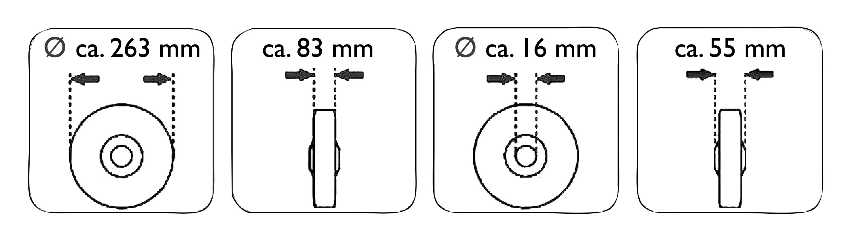 715596-18315_Massenangaben Pro-Bau-Tec Luftrad mit Stahlfelge, 263x83mm